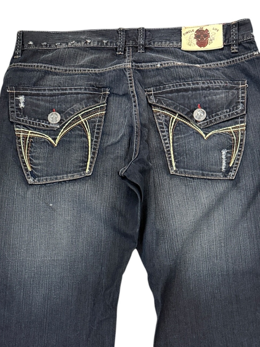 Y2K Circle Of Life Surf Crazy Skull Flap Pocket Jeans 38x31 Distressed Blue